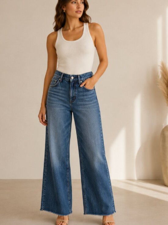 rag & bone Denim - Rag & Bone Logan Mid Rise Wide Leg Jeans Size 29 Medium Wash Raw Hem Relaxed